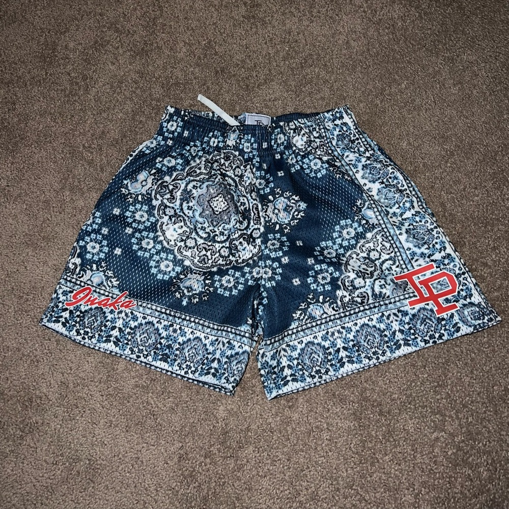 Inaka Mesh Shorts, Blue and White Bandana Print, Size S